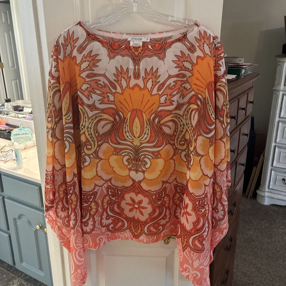 Chicos Semi Sheer Vibrant Orange & Pink Poncho Top SZ S/M